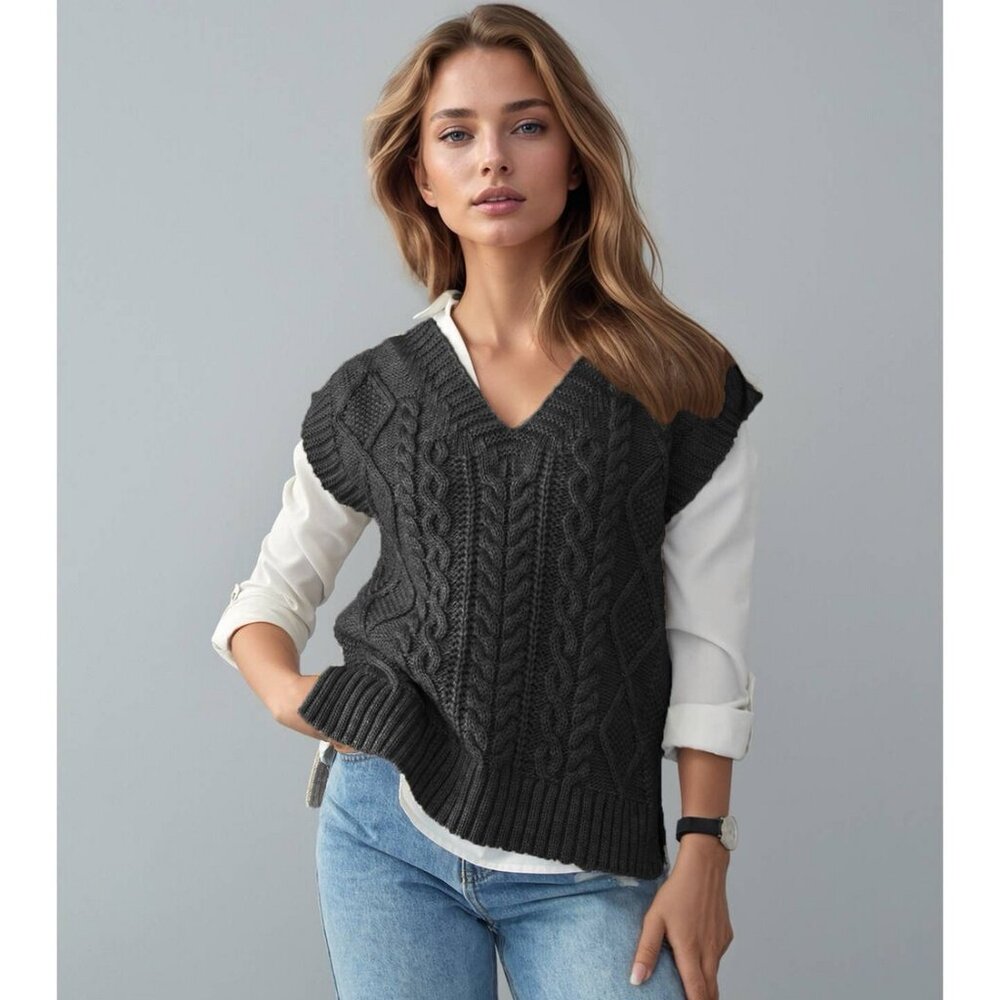 Classic Cable Knit Sweater Vest Steel Gray